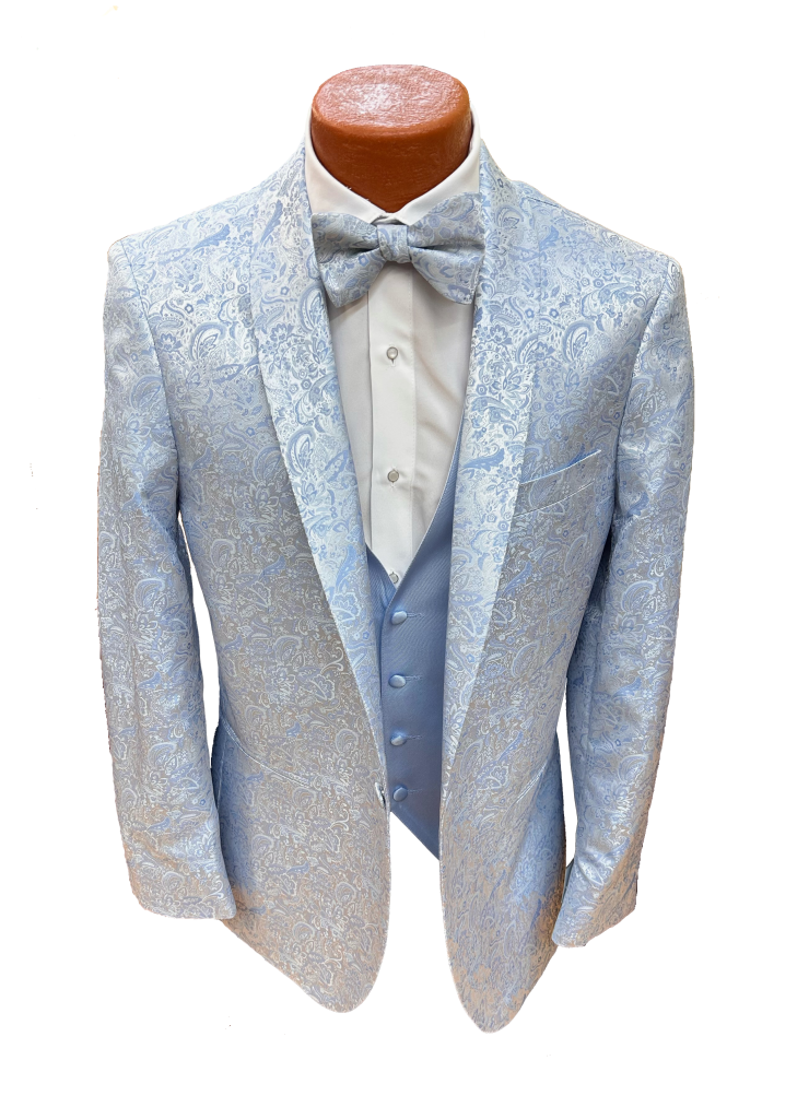 light blue suit with blue bowtie and vest