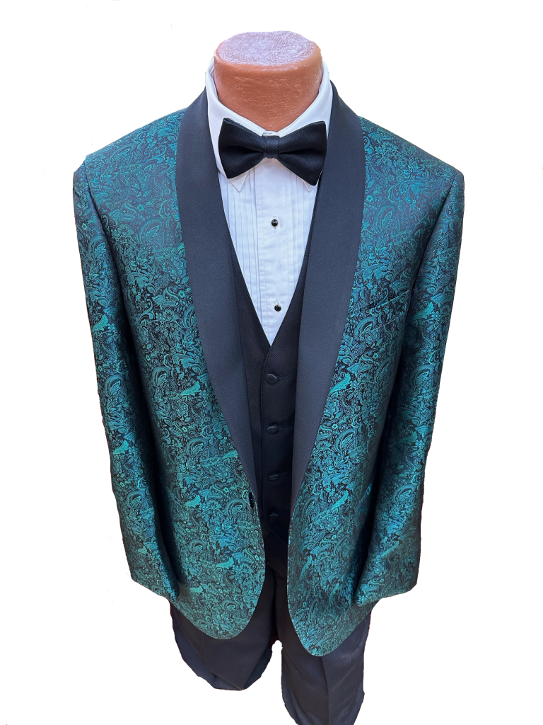 Greenish blue suit with bow tie