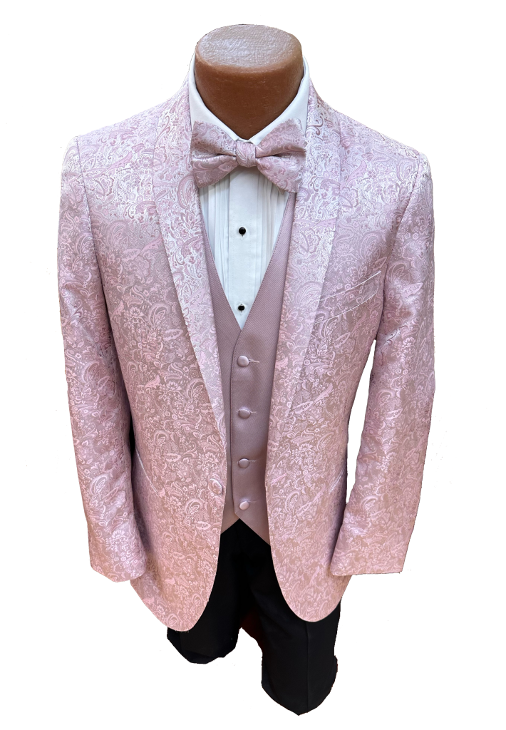 Pink suit with pink bowtie and vest